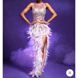 High slit feather dress